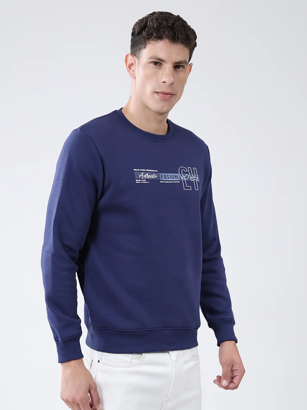 Men Blue Solid Round Neck Full Sleeve Sweatshirt - Image 4
