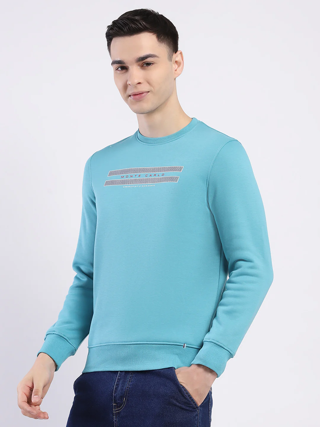 Men Blue Solid Round Neck Full Sleeve Sweatshirt - Image 3