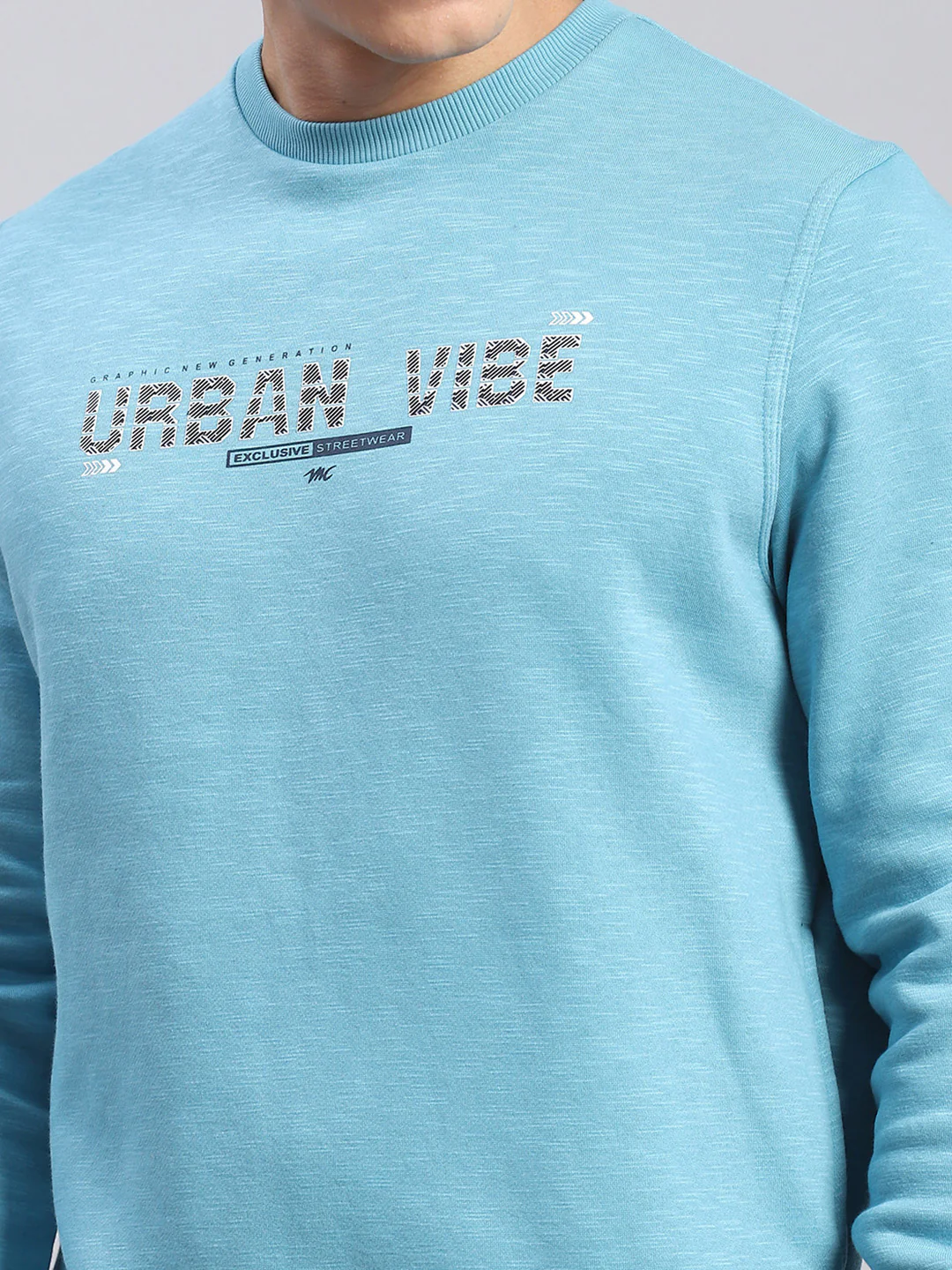 Men Blue Solid Round Neck Full Sleeve Sweatshirts - Image 6