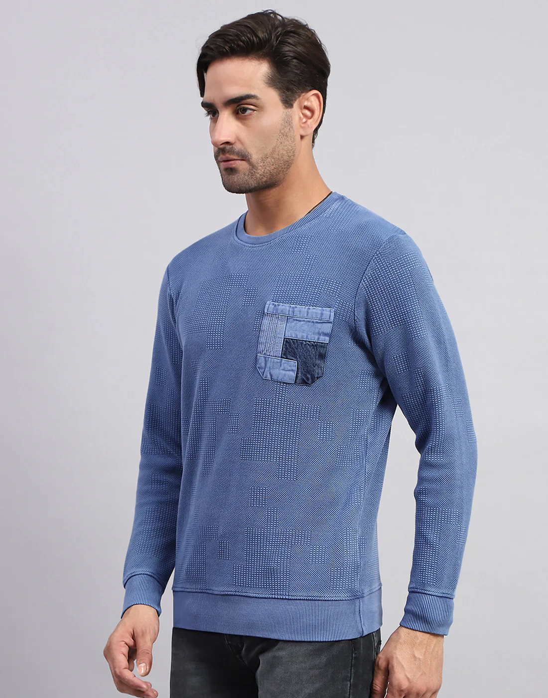 Men Blue Solid Round Neck Full Sleeve Winter T-Shirt - Image 3