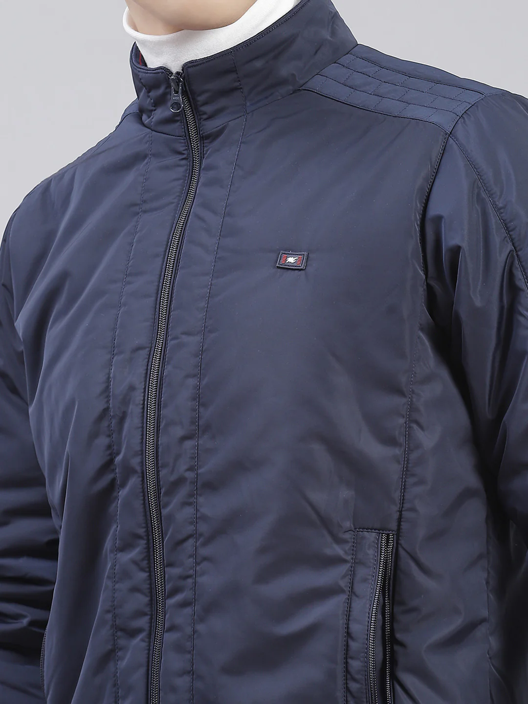 Men Blue Solid Stand Collar Full Sleeve Jackets - Image 7