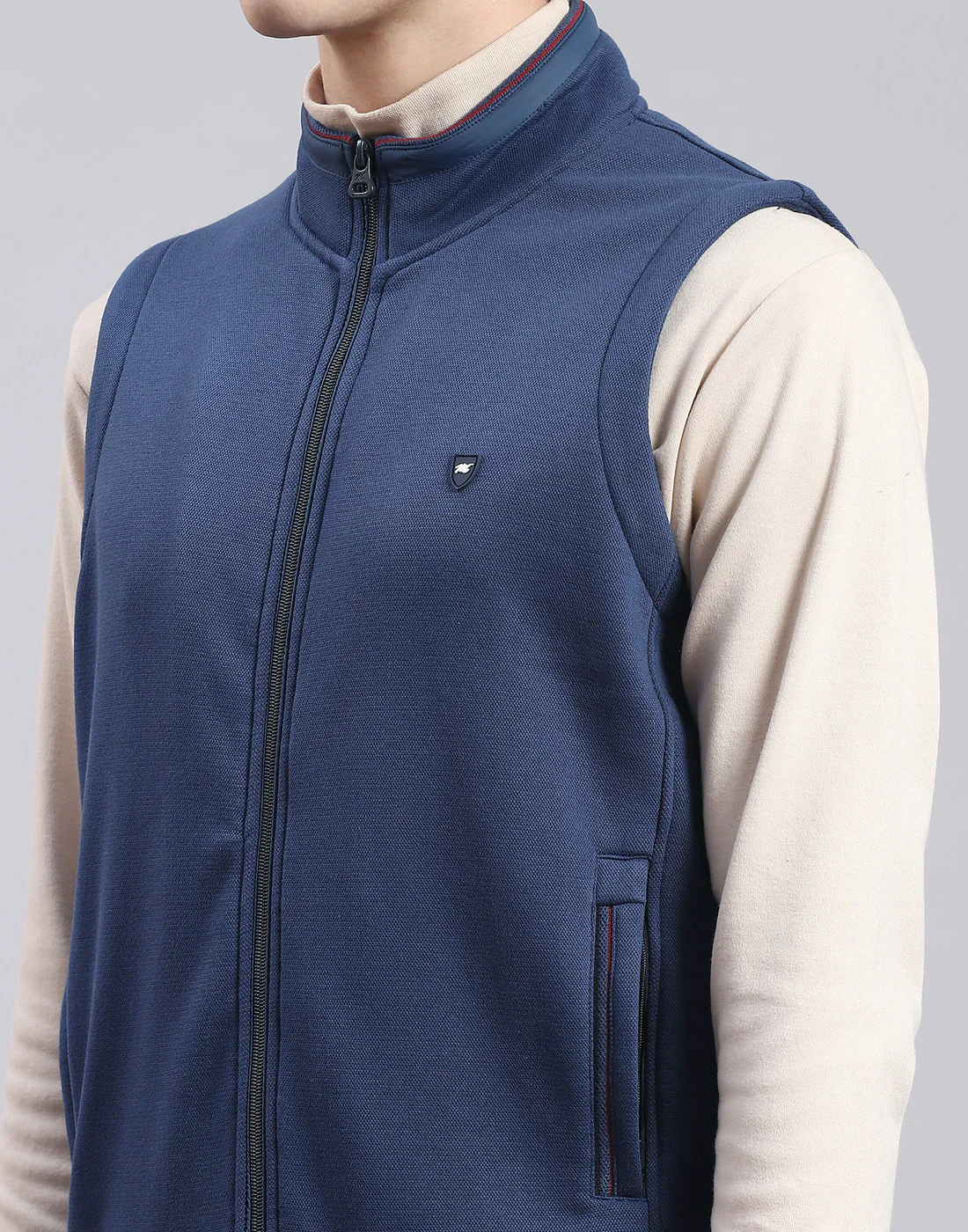 Men Blue Solid Stand Collar Sleeveless Sweatshirt - Image 6