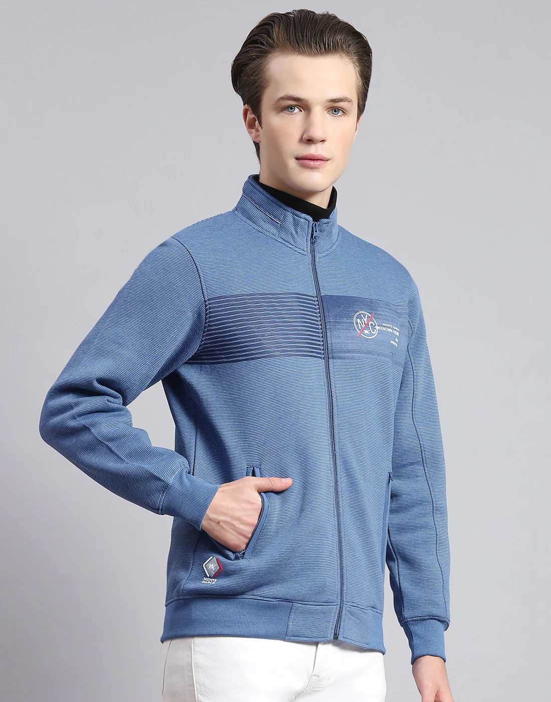 Men Blue Solid Stand Collar Full Sleeve Sweatshirt - Image 4