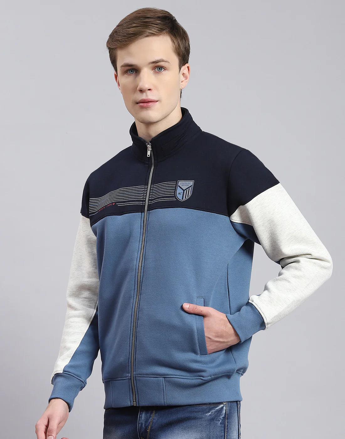 Men Blue Solid Stand Collar Full Sleeve Sweatshirt - Image 3