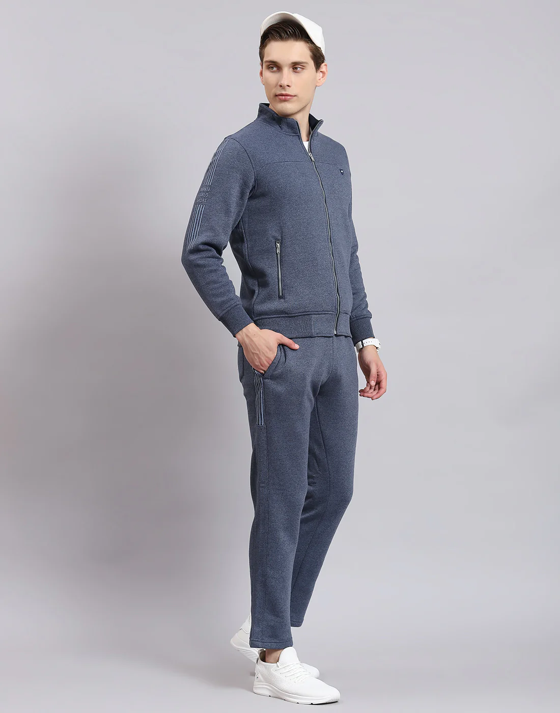 Men Blue Solid Stand Collar Full Sleeve Tracksuit - Image 4