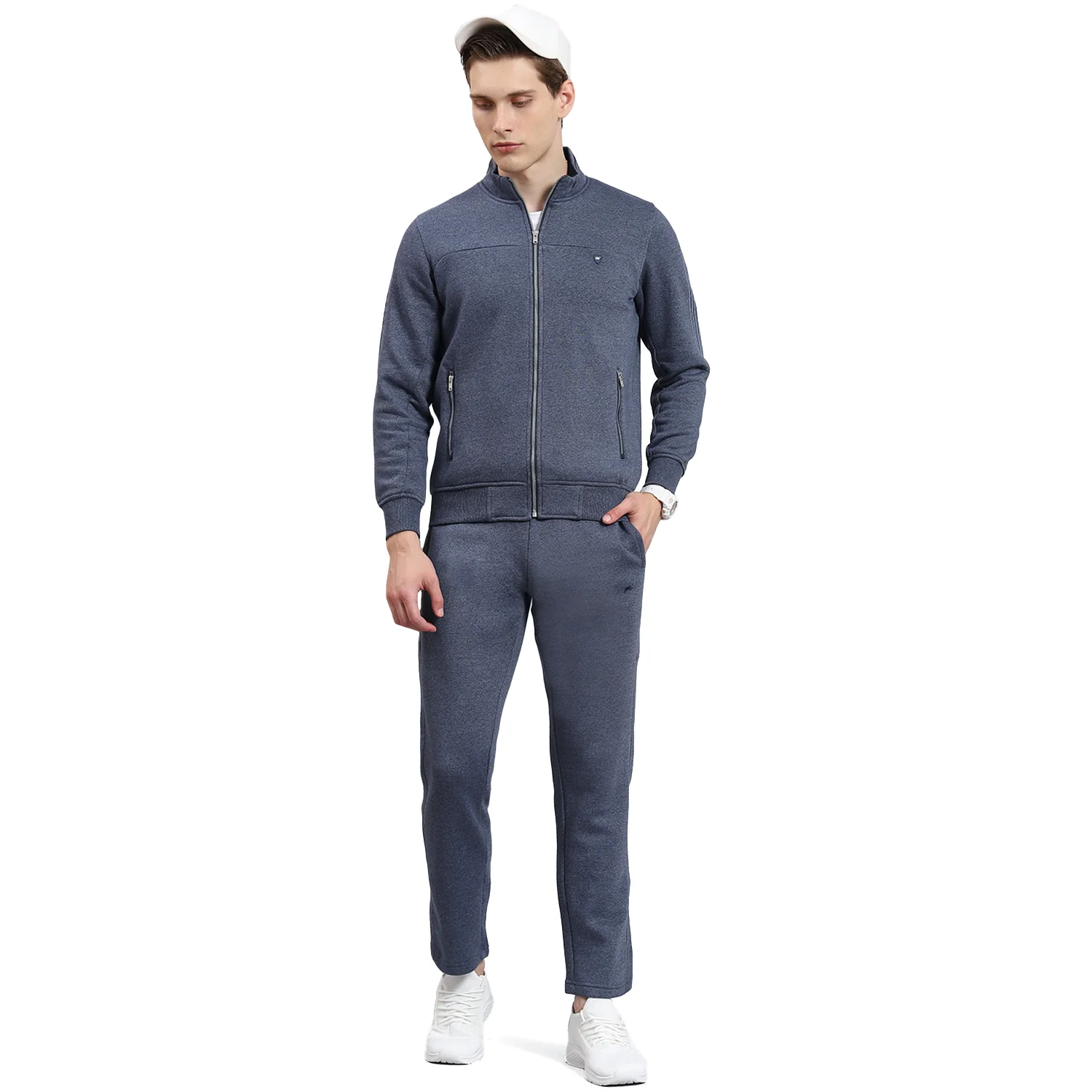 Men Blue Solid Stand Collar Full Sleeve Tracksuit - Image 5
