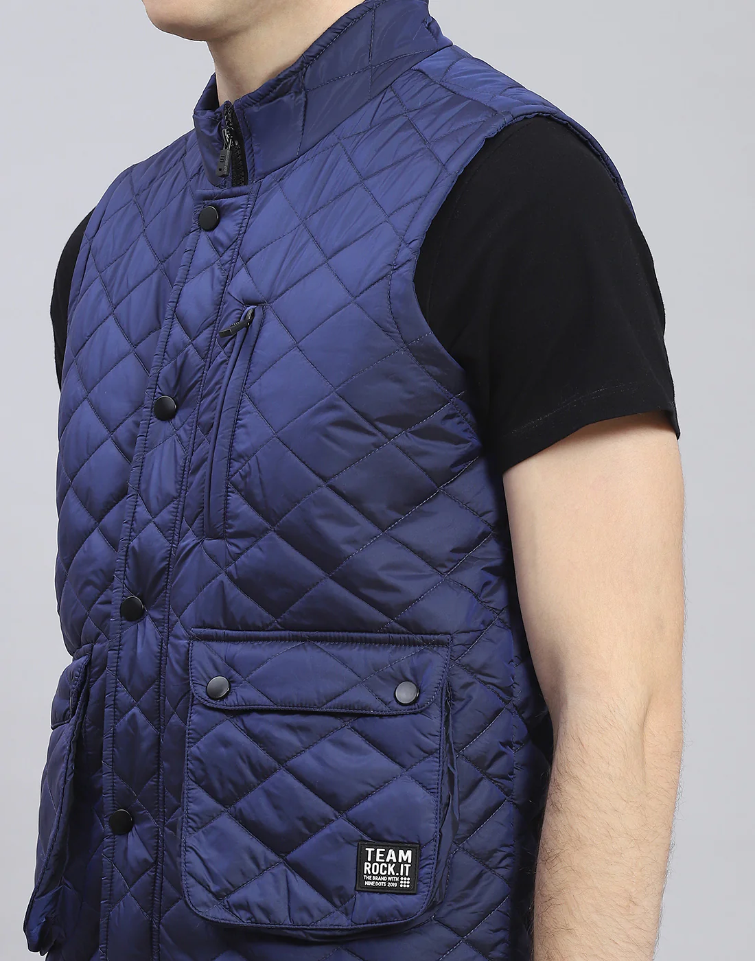 Rock.it Men Blue Solid Stand Collar Sleeveless Jacket - Image 6