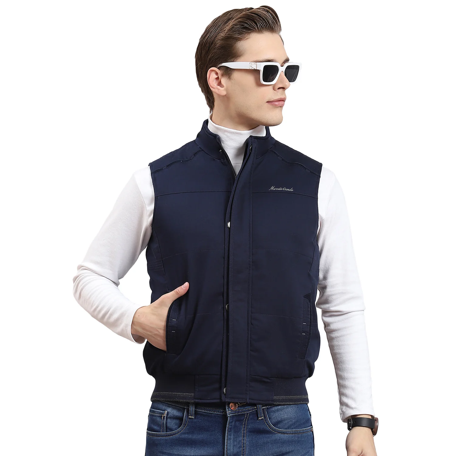 Men Blue Solid Stand Collar Sleeveless Jacket - Image 5