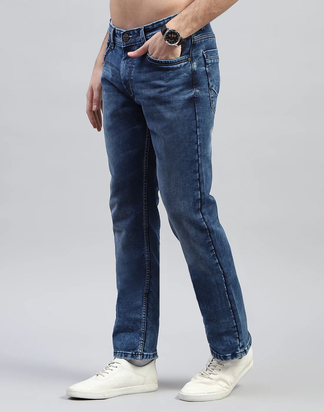 Men Blue Solid Straight Fit Denim - Image 3