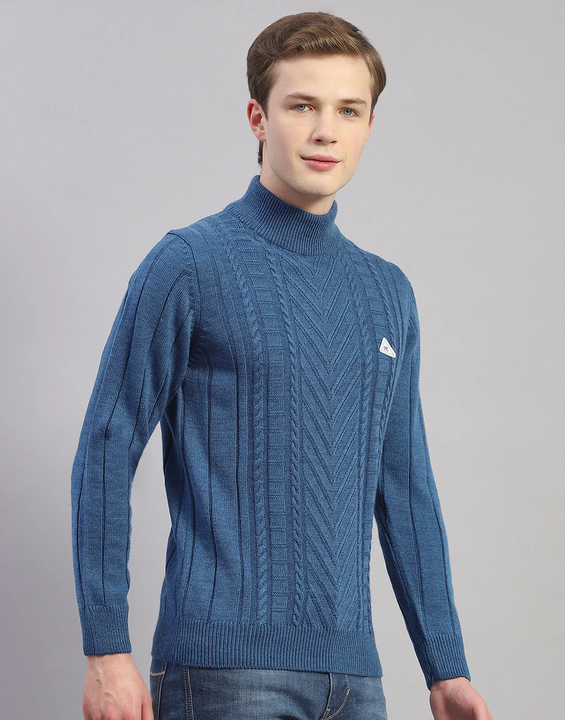Men Blue Solid T Neck Full Sleeve Pullover - Image 4