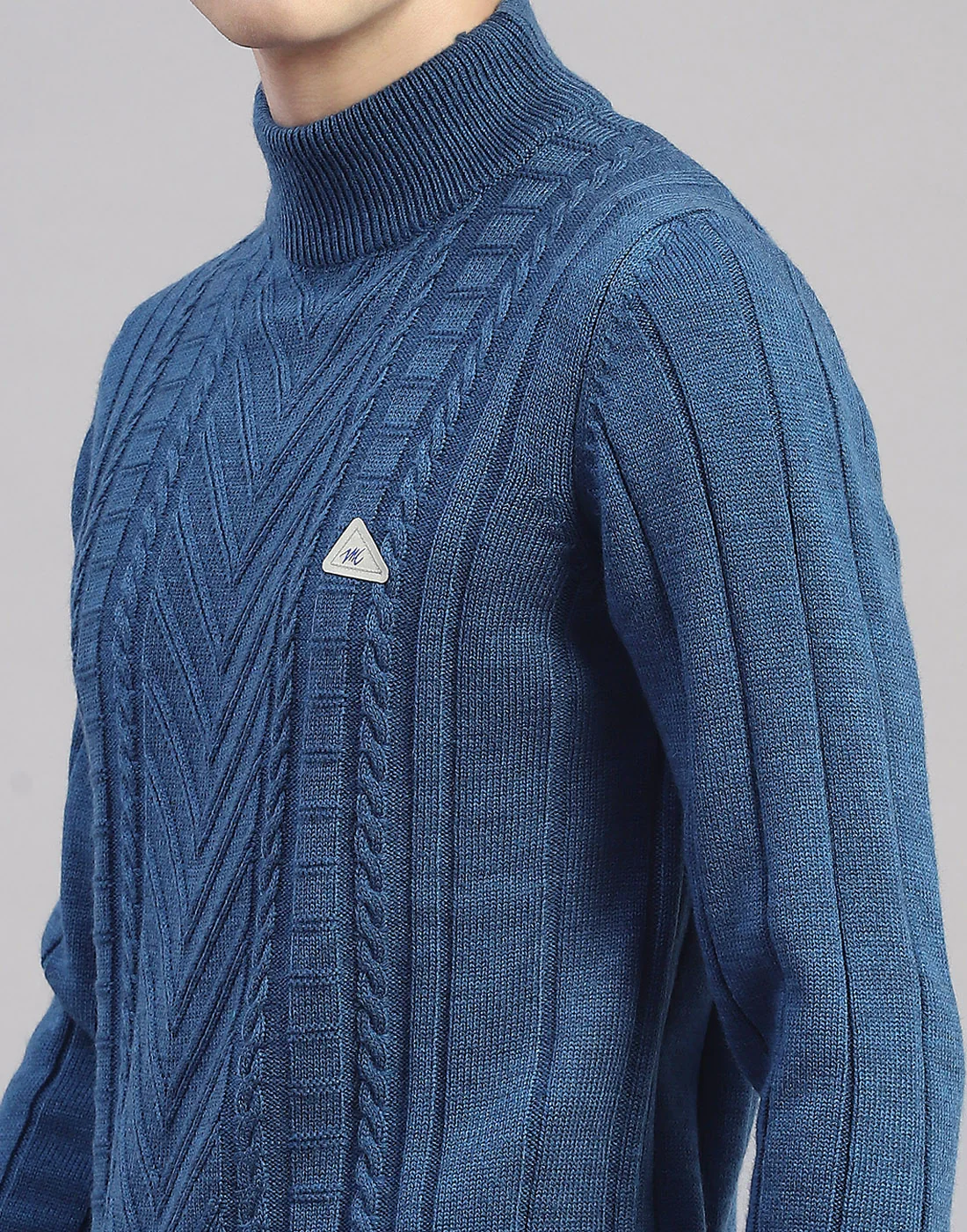 Men Blue Solid T Neck Full Sleeve Pullover - Image 6