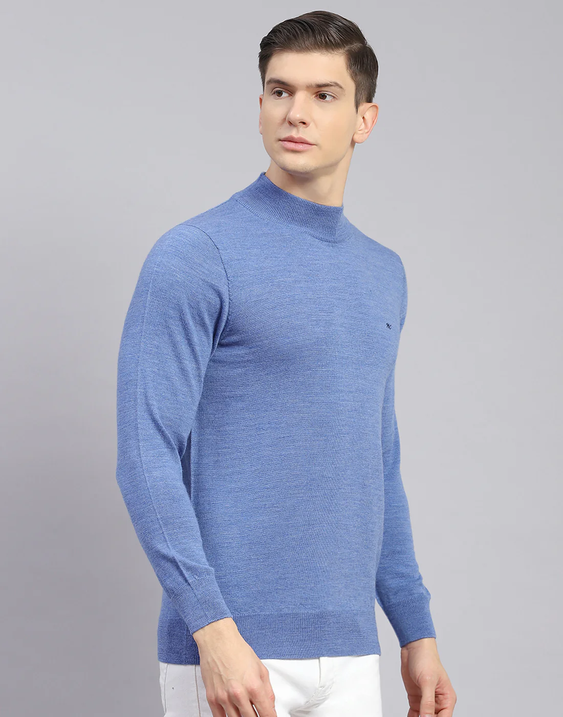 Men Blue Solid T Neck Full Sleeve Sweater - Image 5