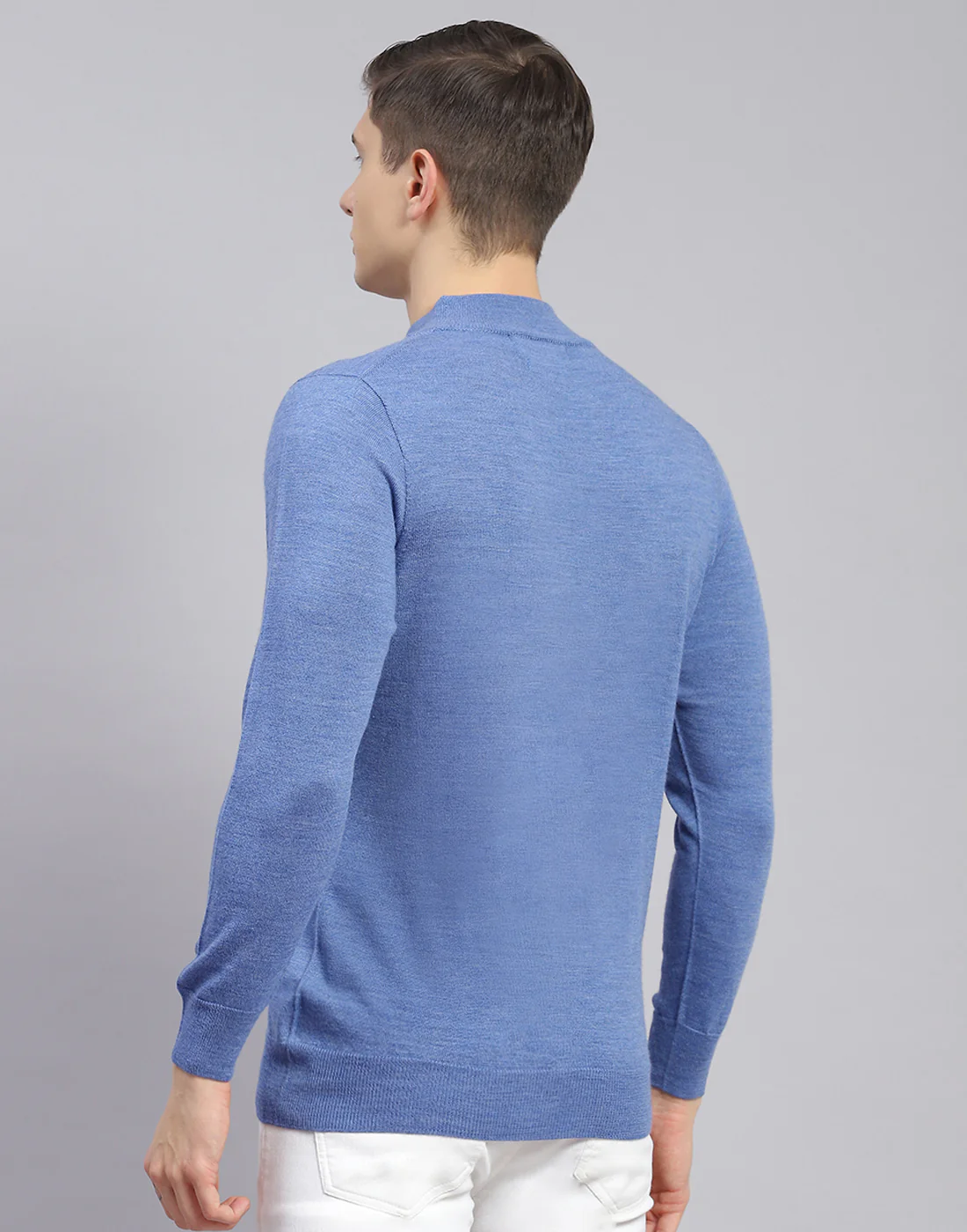 Men Blue Solid T Neck Full Sleeve Sweater - Image 6