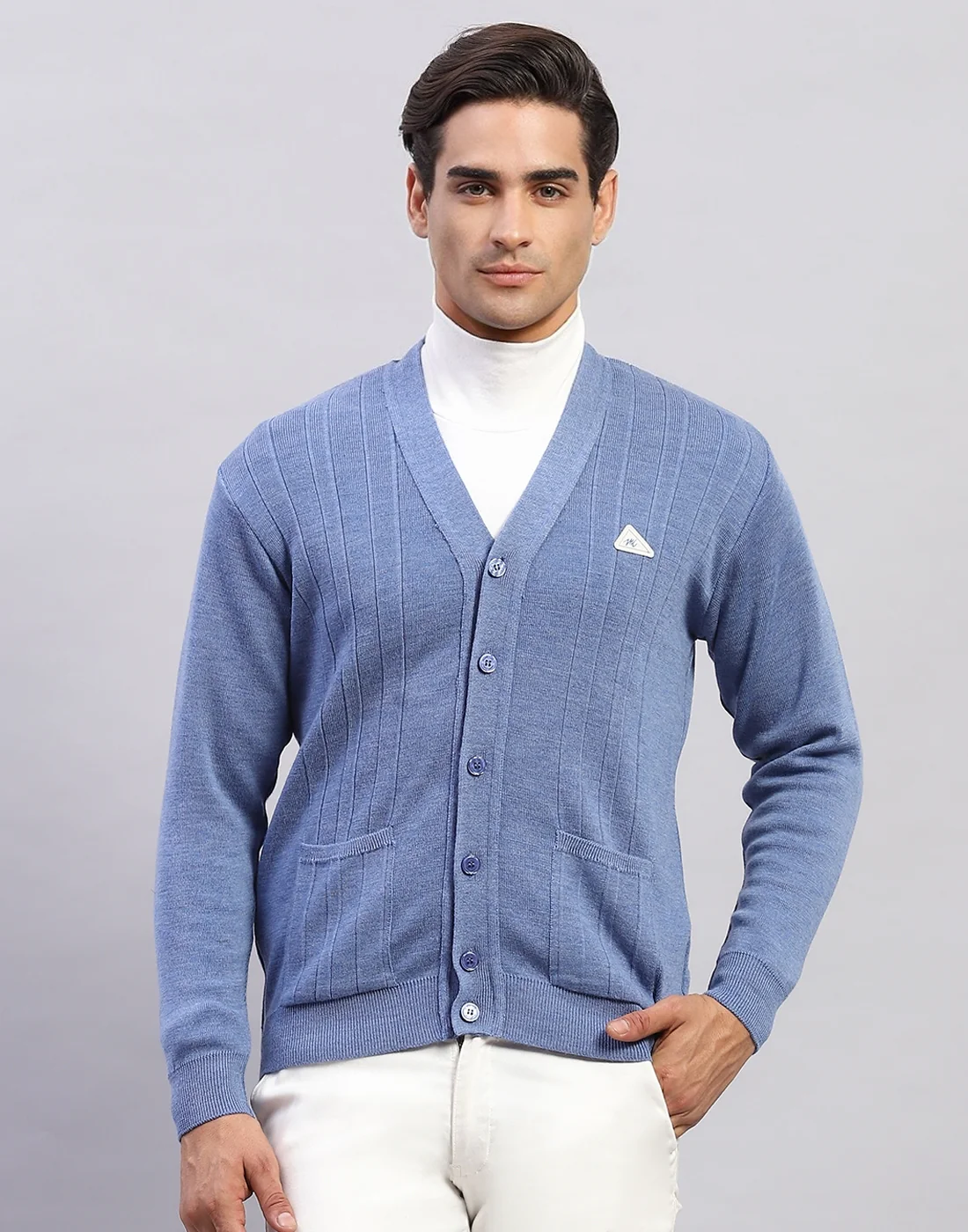 Men Blue Solid V Neck Full Sleeve Cardigan - Image 2