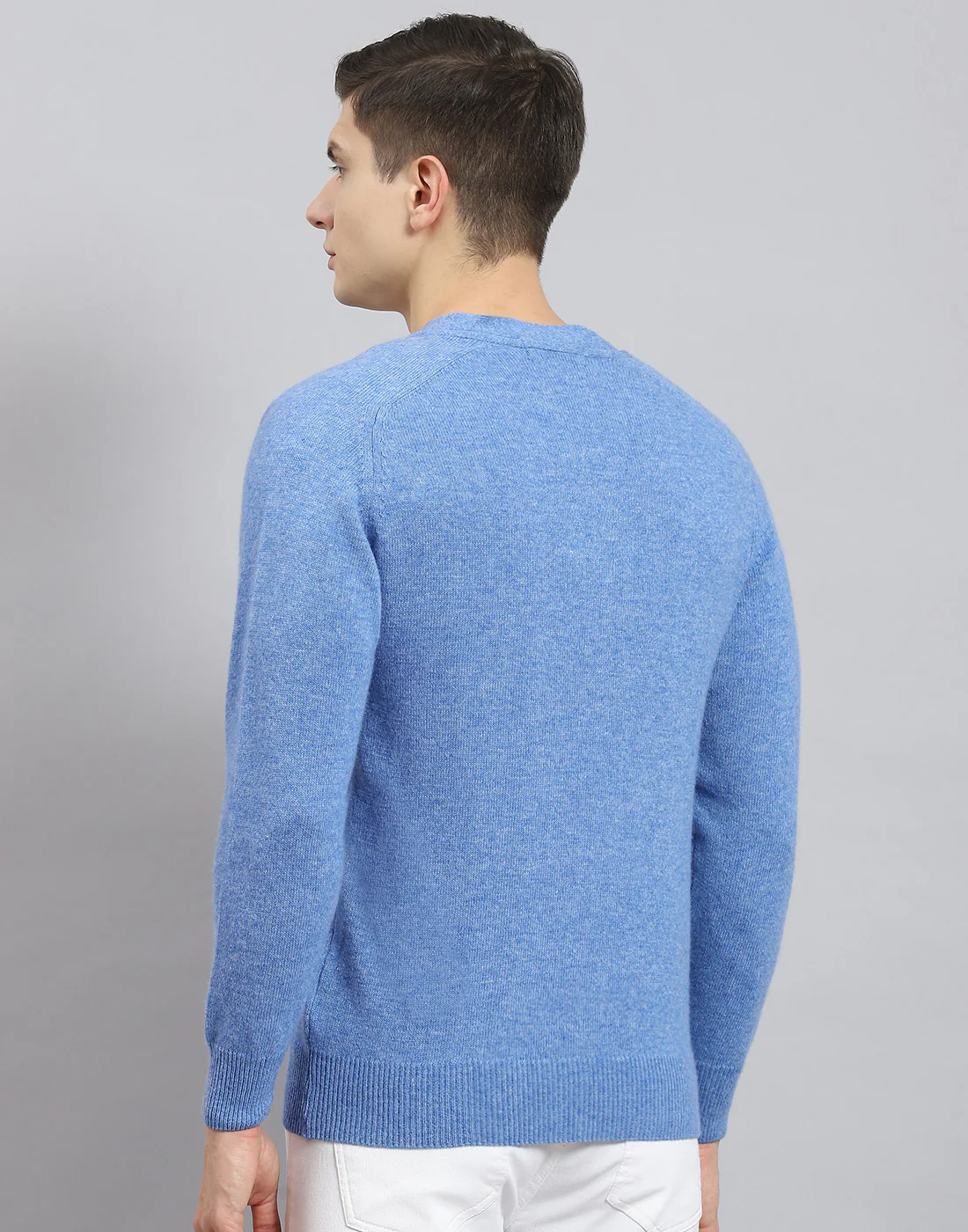 Men Blue Solid V Neck Full Sleeve Cardigan - Image 3