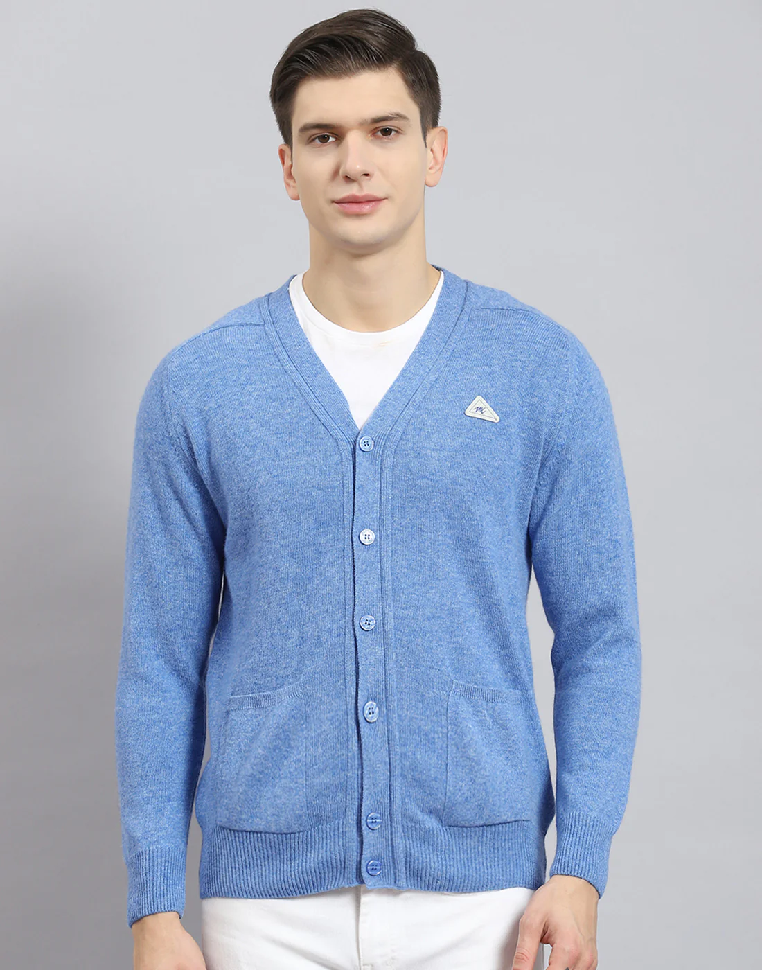 Men Blue Solid V Neck Full Sleeve Cardigan - Image 4