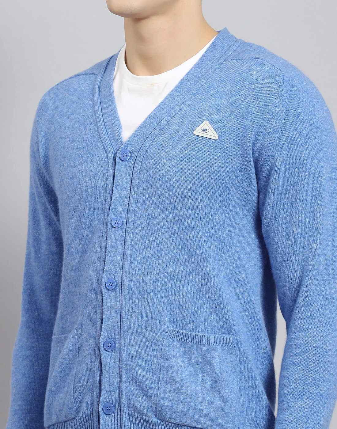 Men Blue Solid V Neck Full Sleeve Cardigan - Image 7