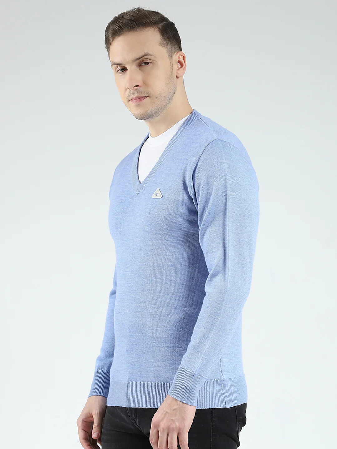 Men Blue Solid V Neck Full Sleeve Pullover - Image 3