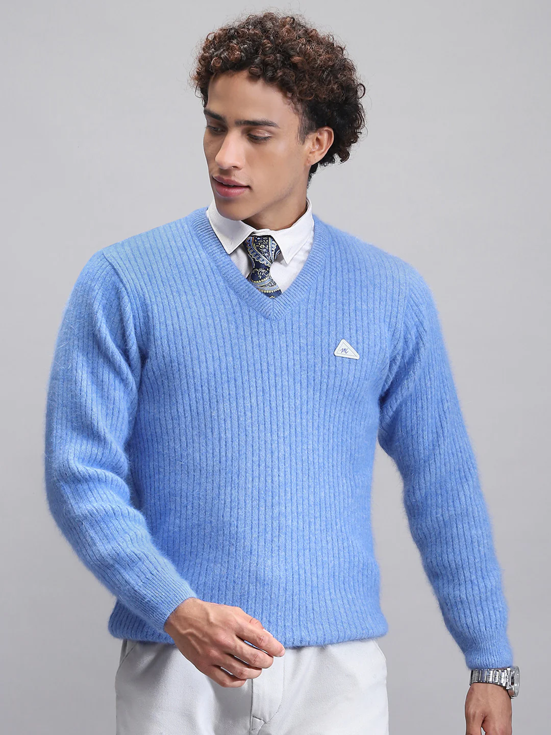 Men Blue Solid V Neck Full Sleeve Pullover