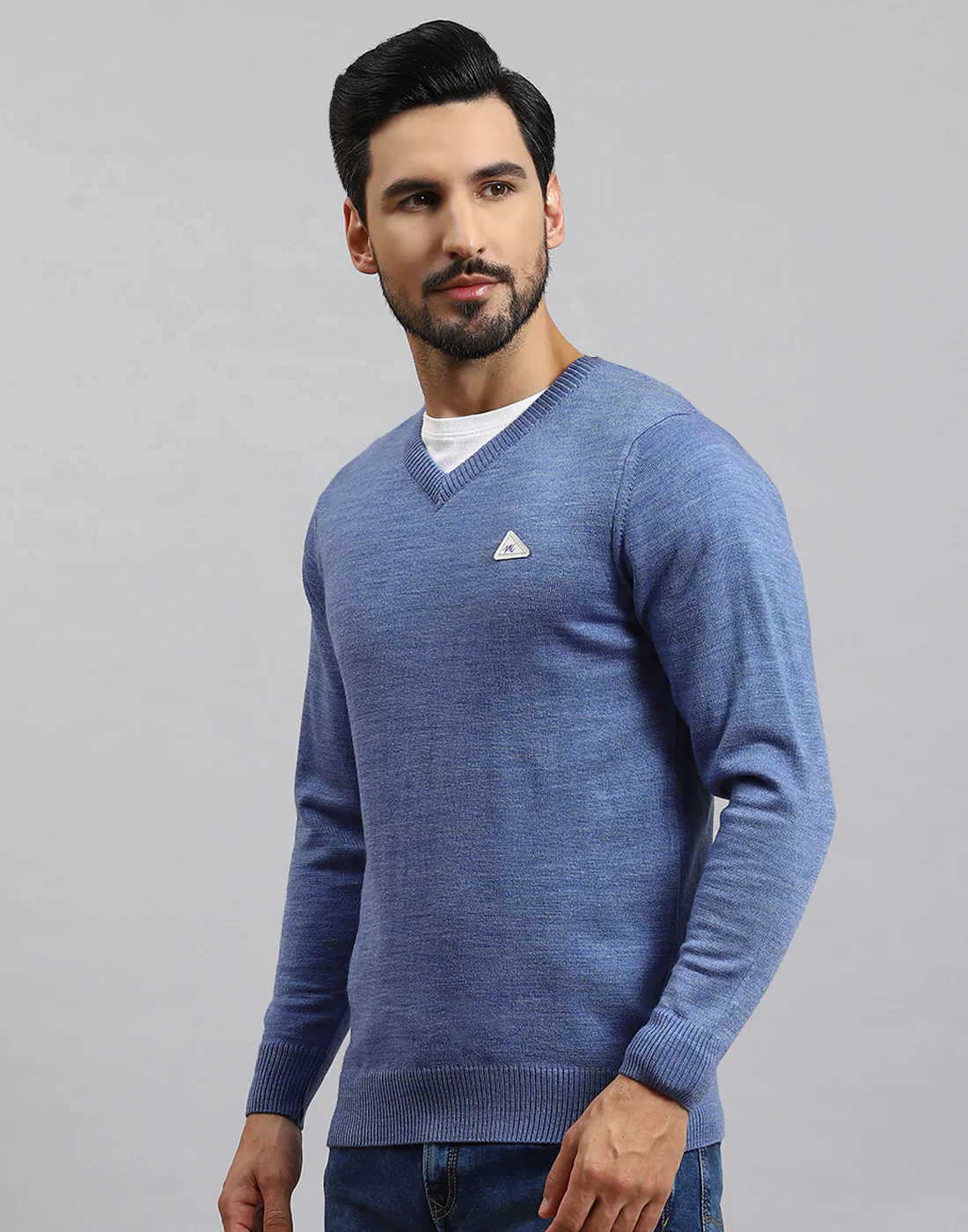 Men Blue Solid V Neck Full Sleeve Pullover - Image 3