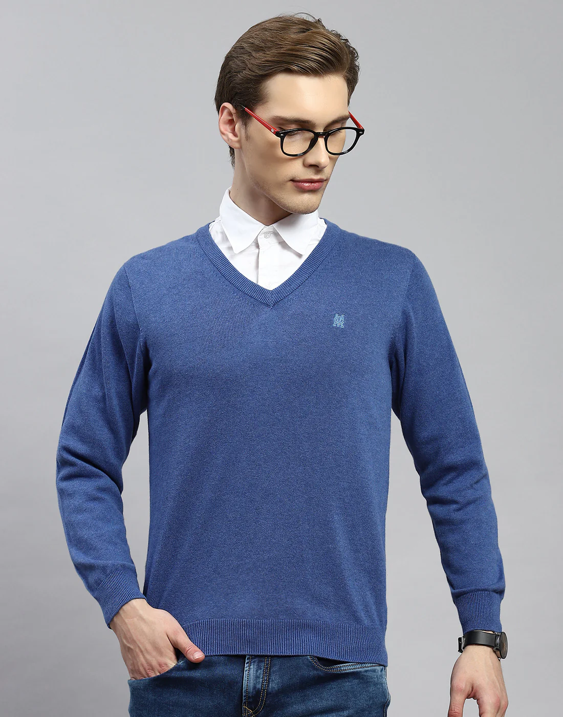 Men Blue Solid V Neck Full Sleeve Pullover - Image 2