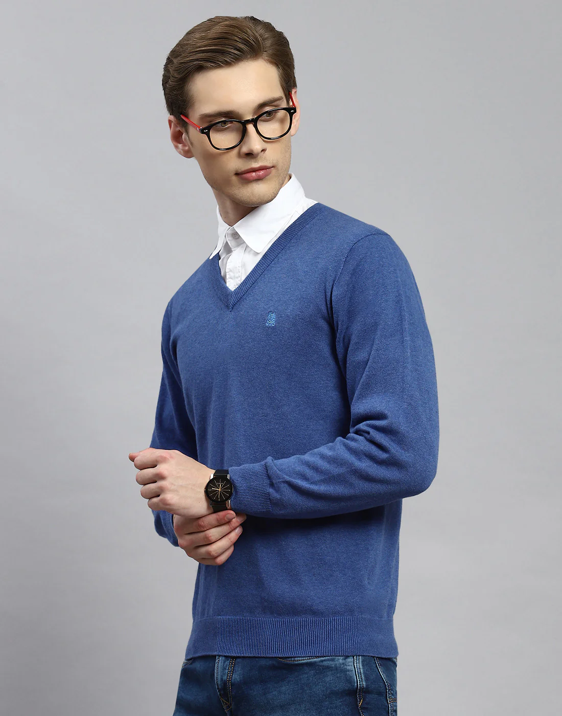 Men Blue Solid V Neck Full Sleeve Pullover - Image 3