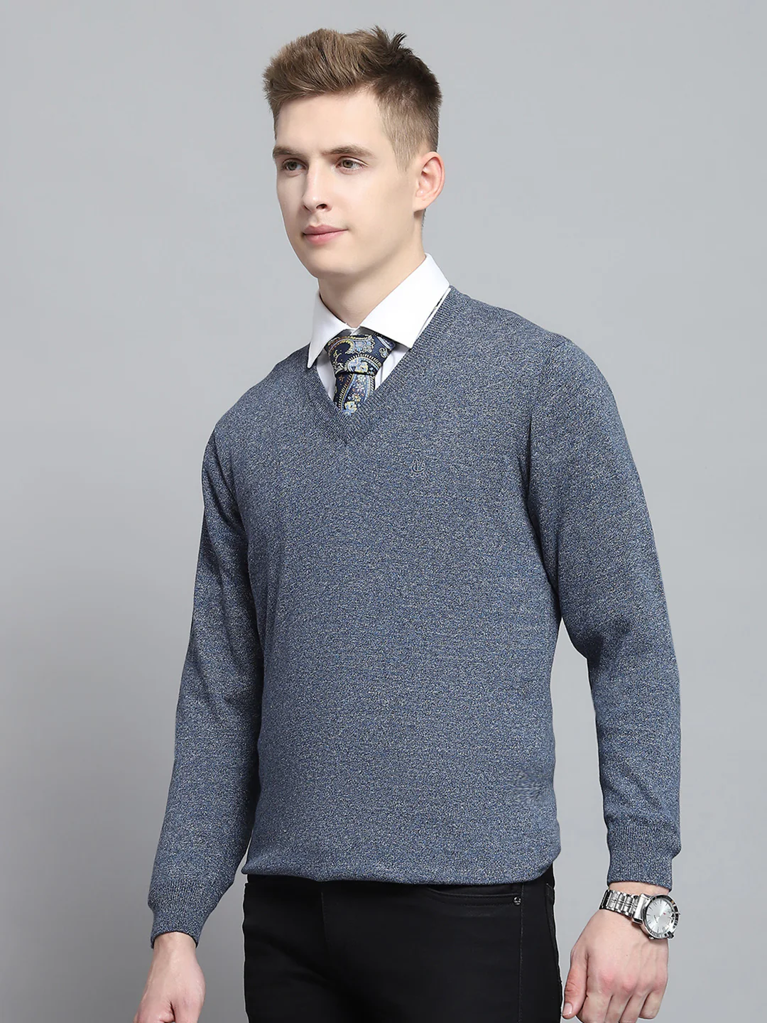Men Blue Solid V Neck Full Sleeve Pullover - Image 3