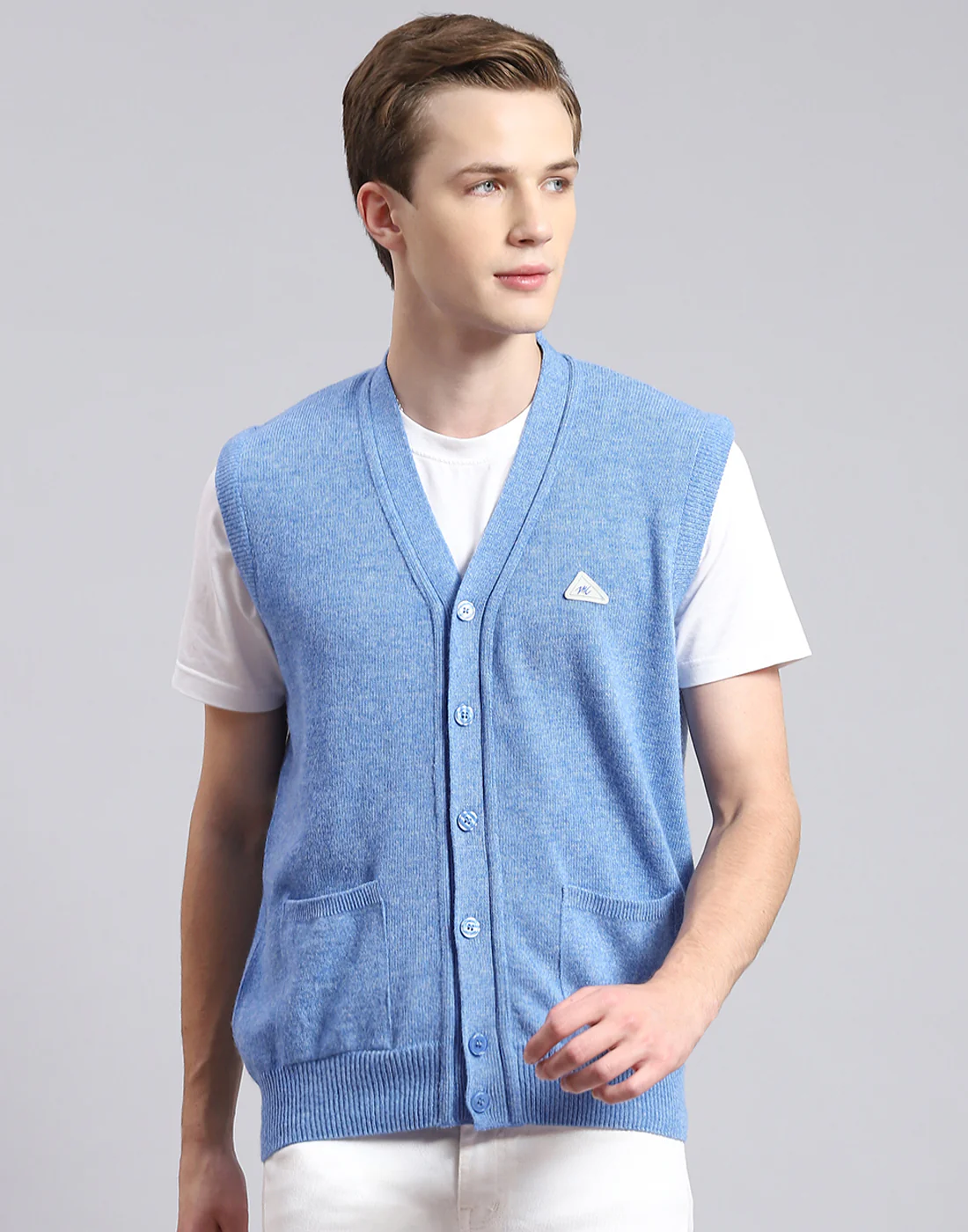 Men Blue Solid V Neck Sleeveless Cardigan - Image 2