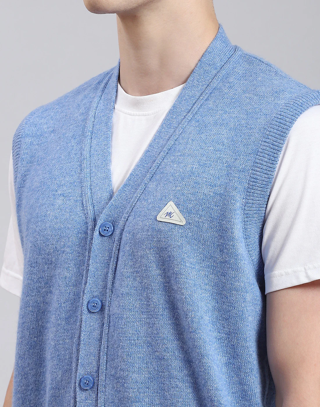 Men Blue Solid V Neck Sleeveless Cardigan - Image 7
