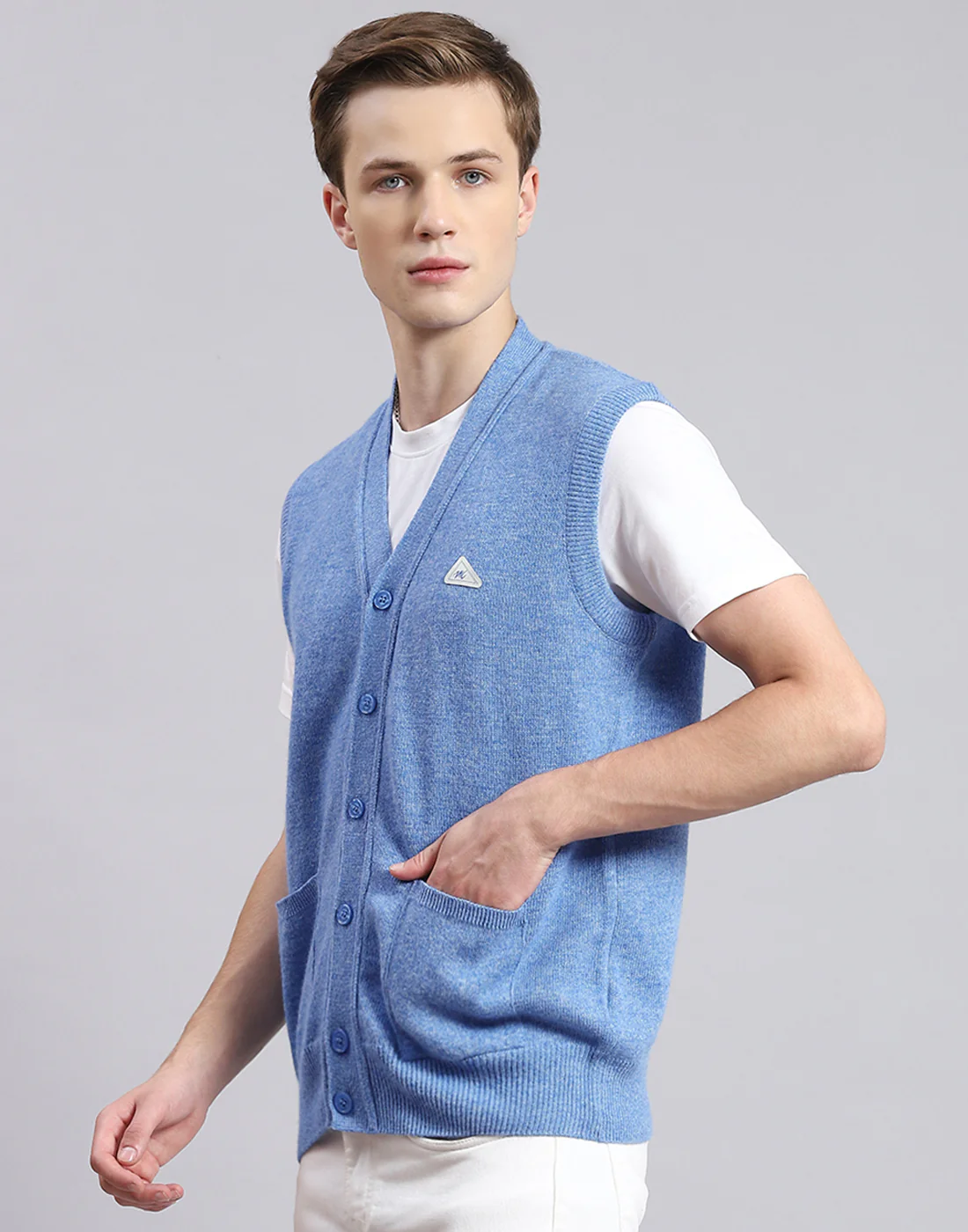 Men Blue Solid V Neck Sleeveless Sweater - Image 3