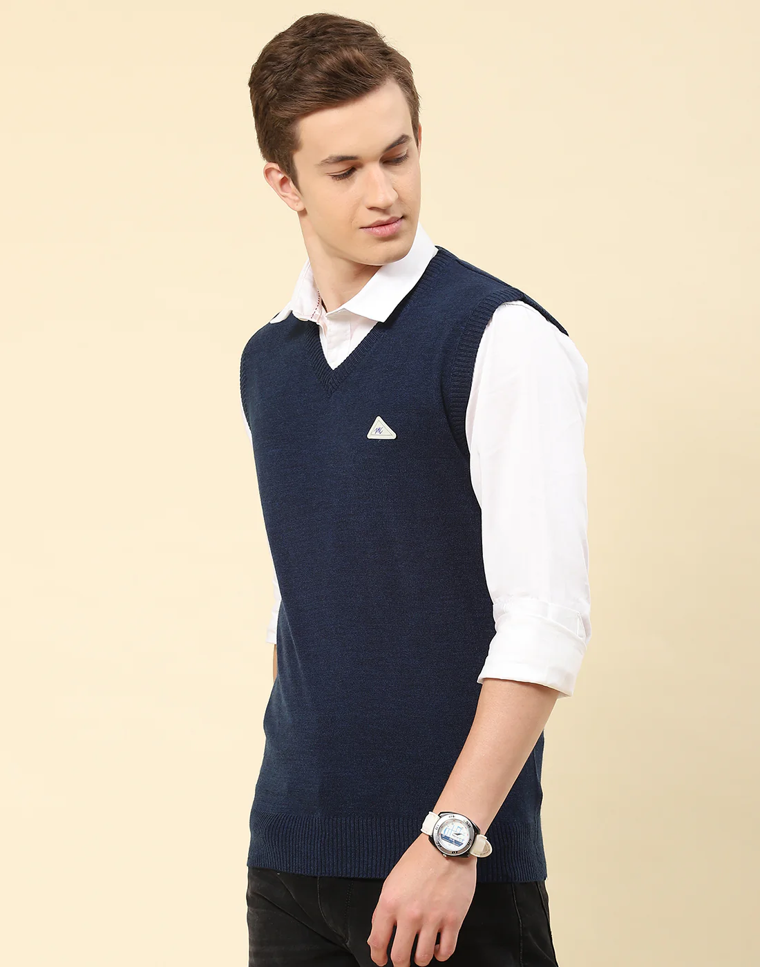 Men Blue Solid V Neck Sleeveless Sweater - Image 3