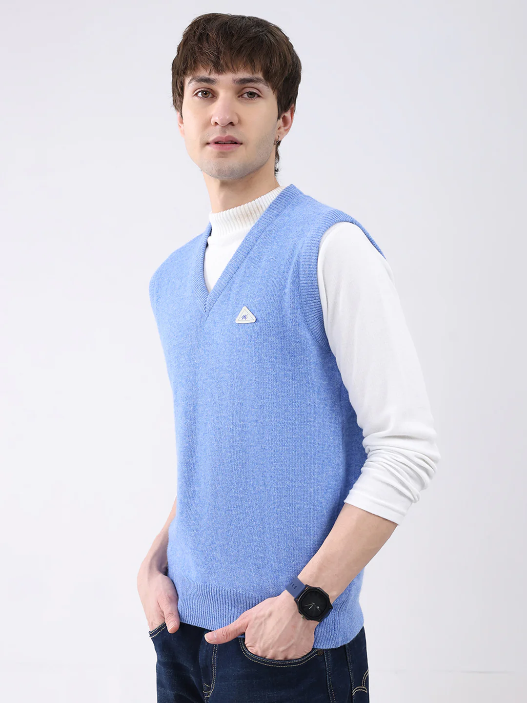 Men Blue Solid V Neck Sleeveless Sweater - Image 3