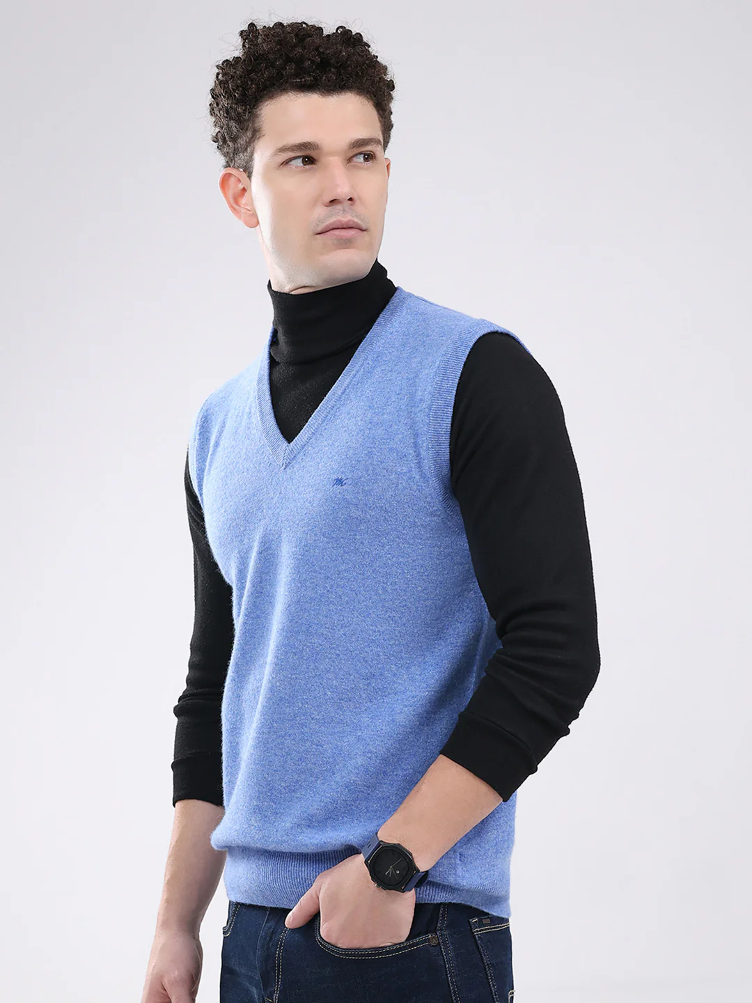 Men Blue Solid V Neck Sleeveless Sweater - Image 3