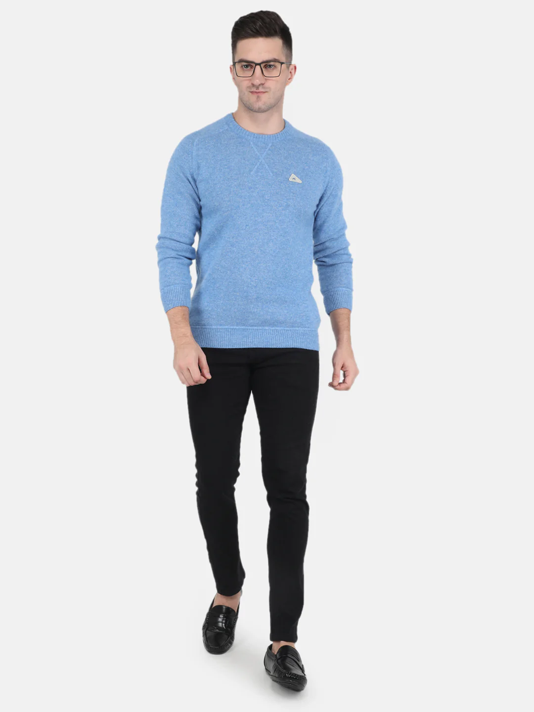 Men Sky Blue Solid Round Neck Full Sleeve Pullovers - Image 4