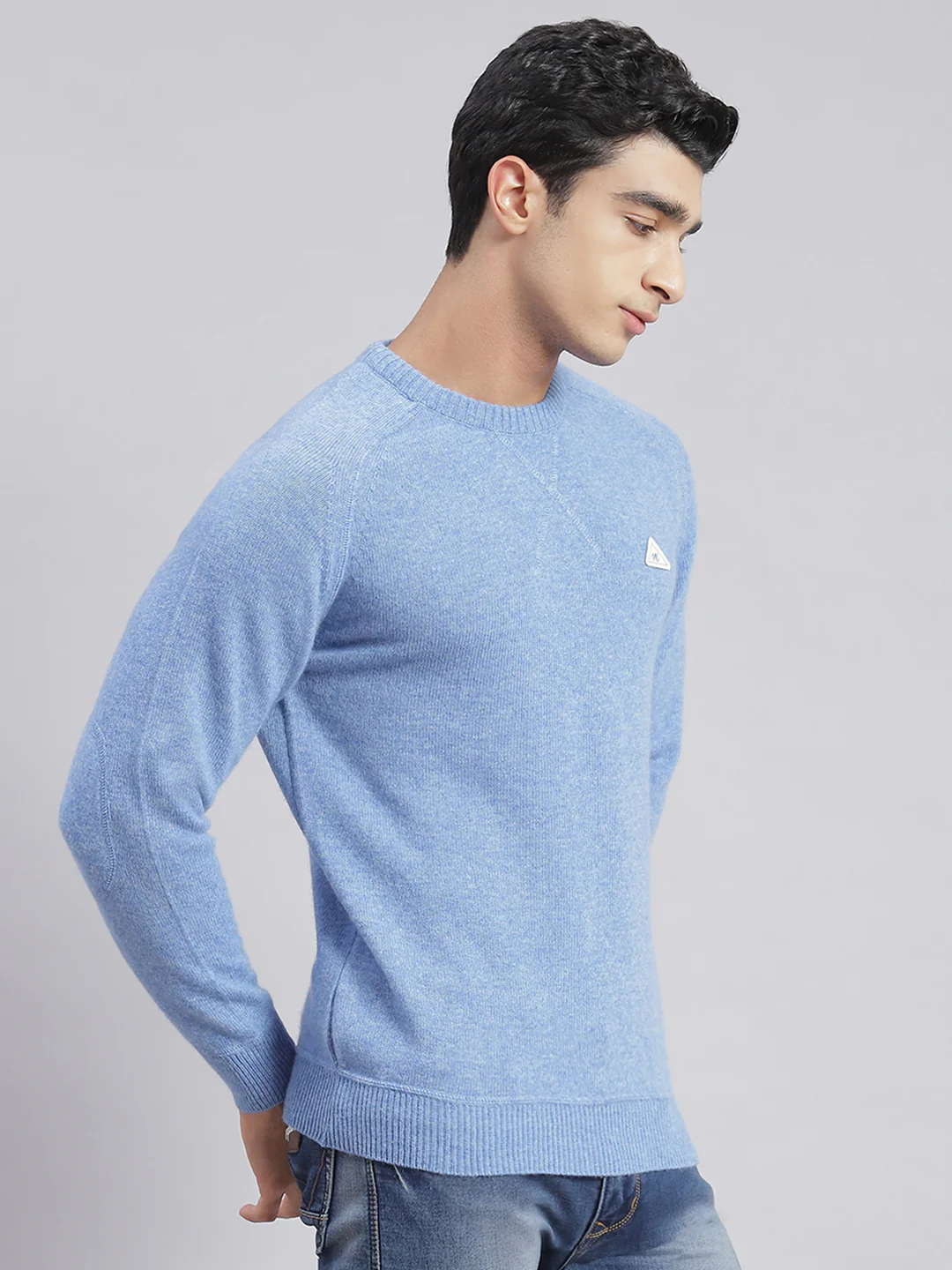 Men Blue Solid Round Neck Sweater - Image 4