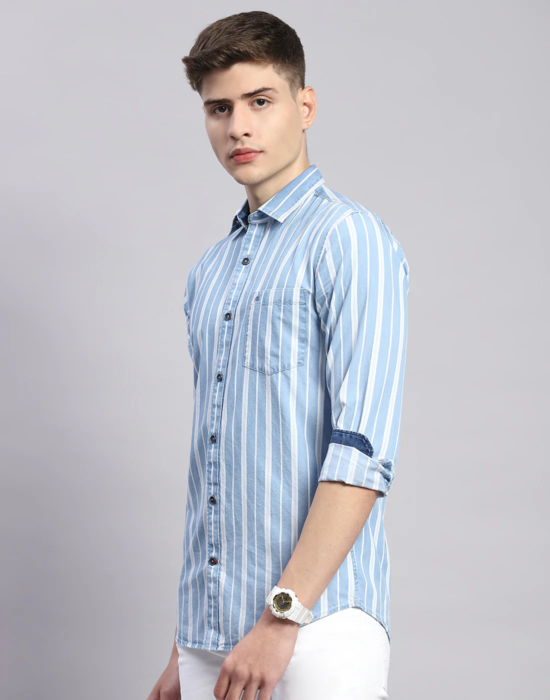 Men Blue Stripe Collar Full Sleeve Shirt - Image 3