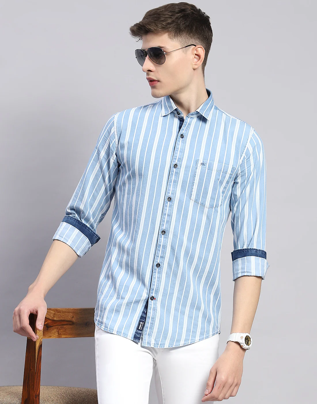 Men Blue Stripe Collar Full Sleeve Shirt - Image 6