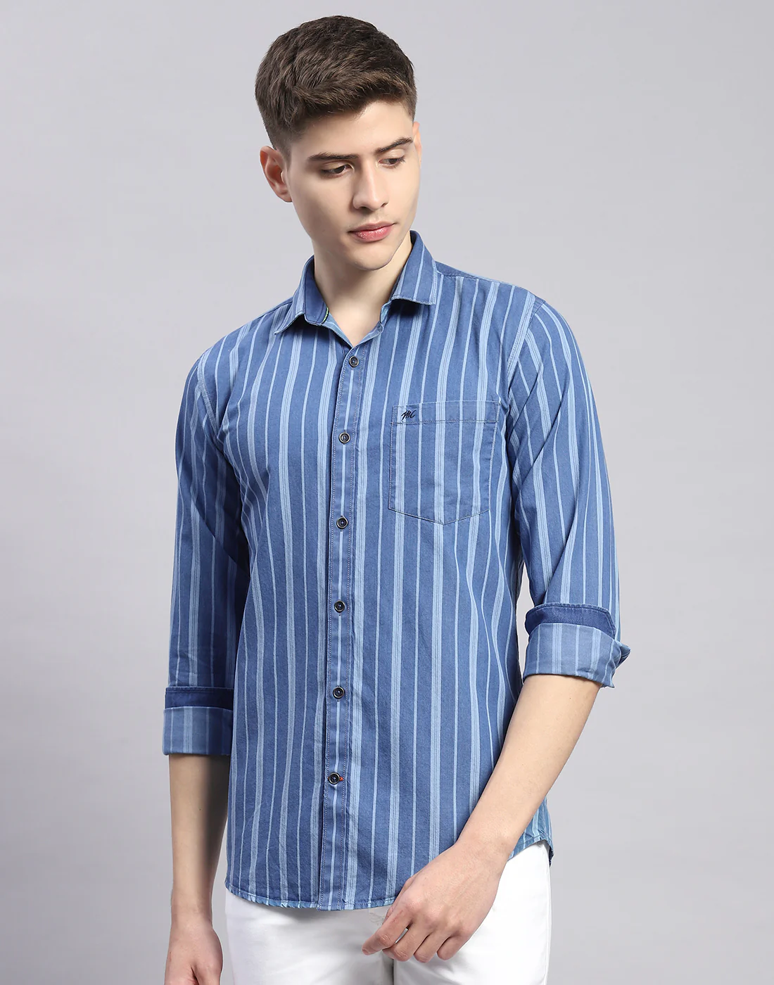 Men Blue Stripe Collar Full Sleeve Shirt - Image 2