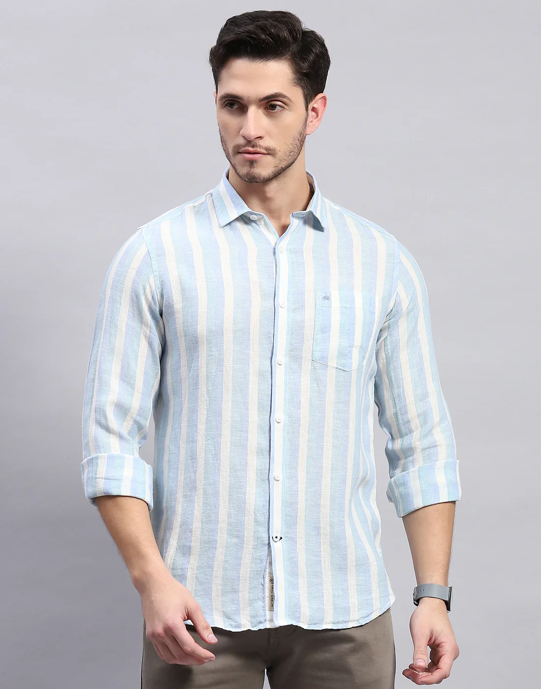 Men Blue Stripe Collar Full Sleeve Linen Shirt - Image 3