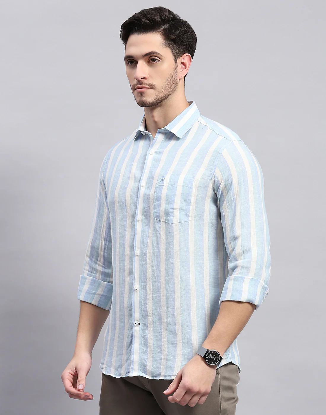 Men Blue Stripe Collar Full Sleeve Linen Shirt - Image 4