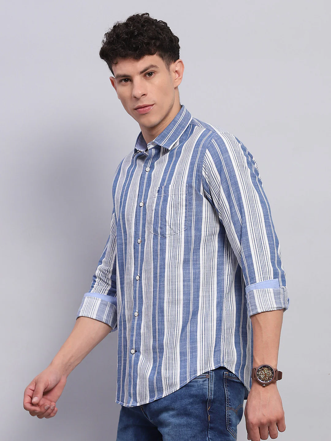 Men Blue Stripe Collar Full Sleeve Shirt - Image 3