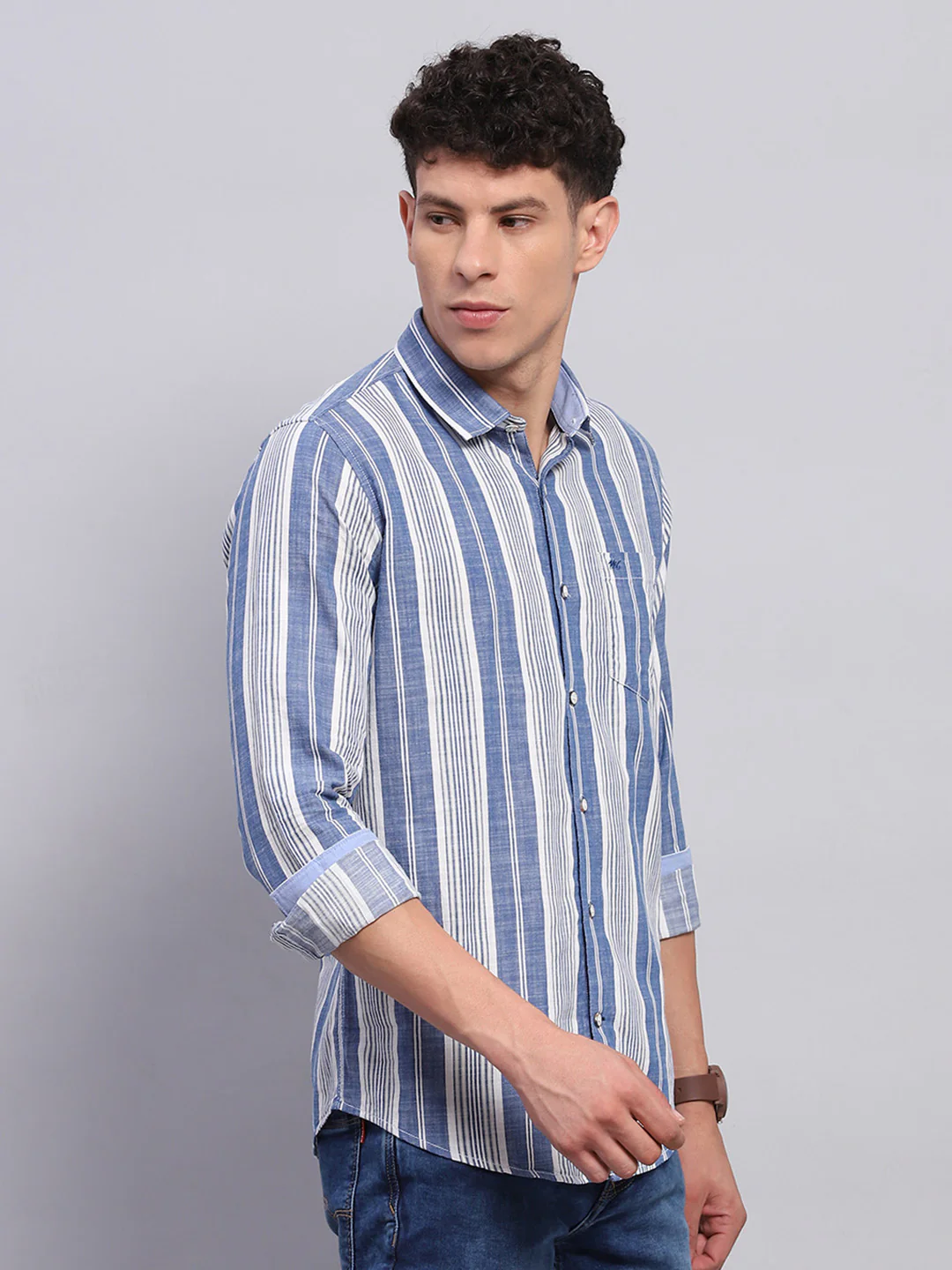 Men Blue Stripe Collar Full Sleeve Shirt - Image 4