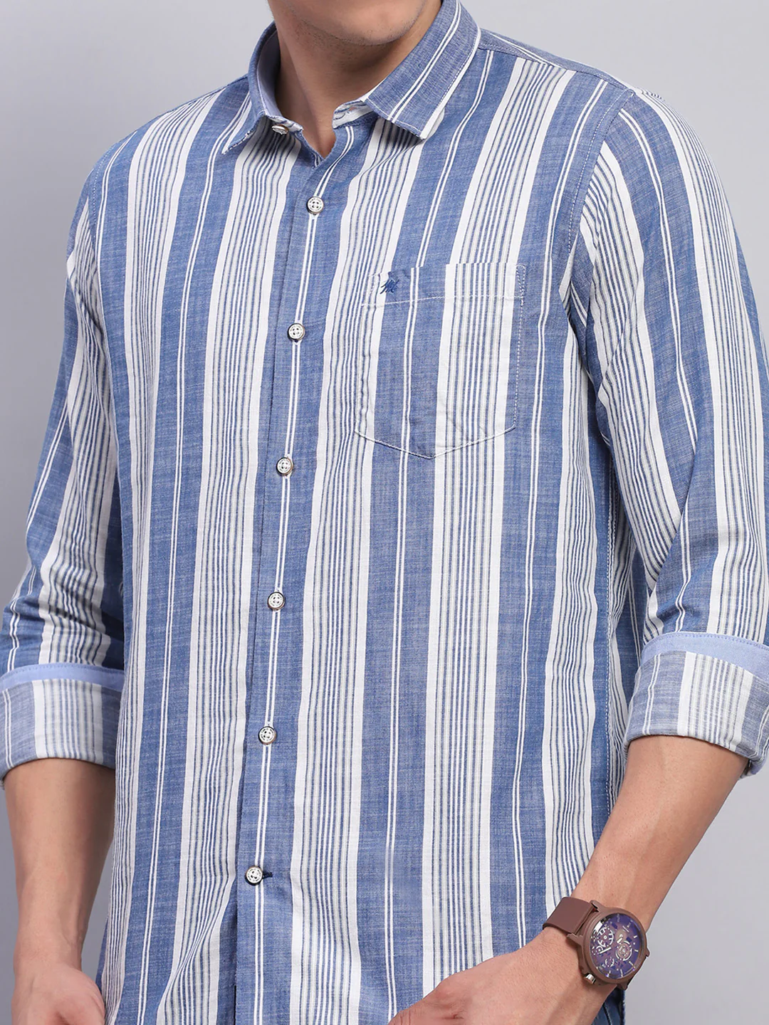 Men Blue Stripe Collar Full Sleeve Shirt - Image 6