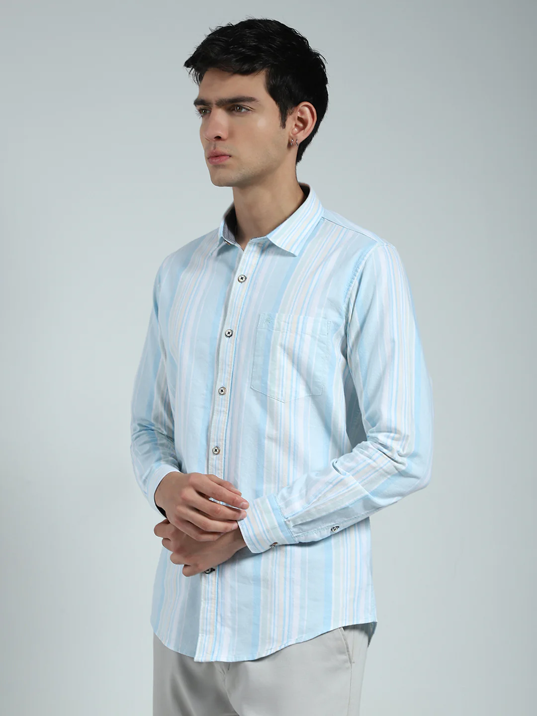 Men Blue Stripe Collar Full Sleeve Shirt - Image 3