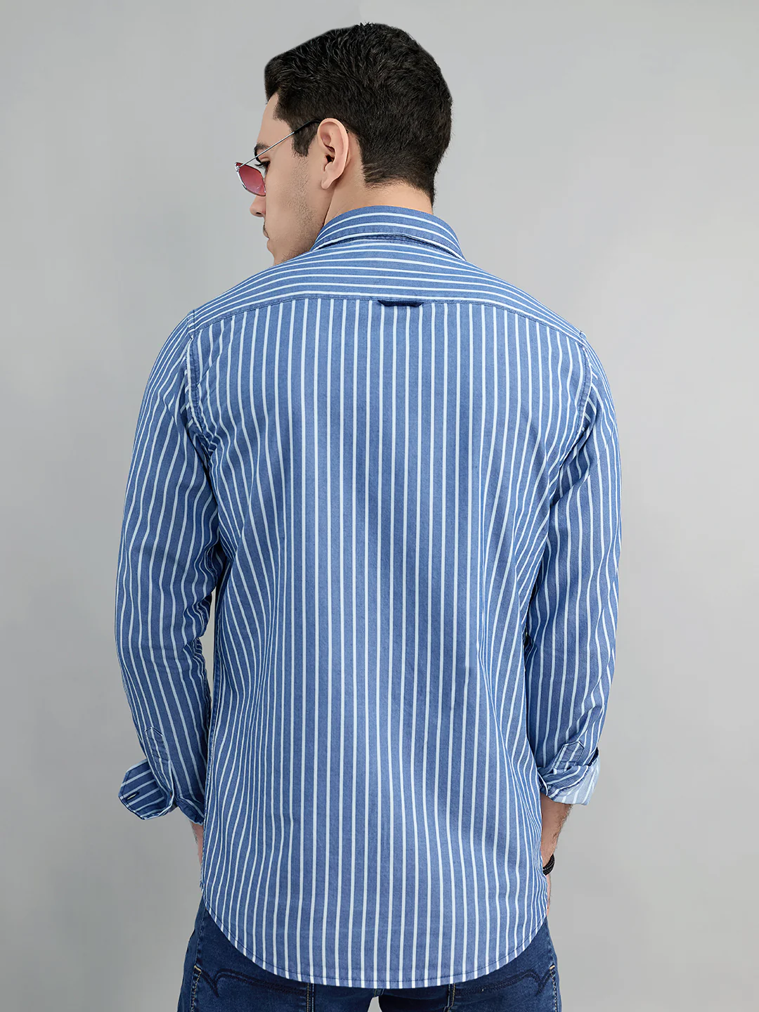 Men Blue Stripe Collar Full Sleeve Shirt - Image 4