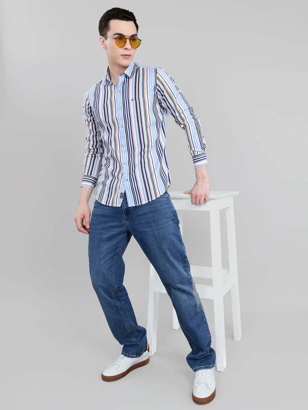 Men Blue Stripe Collar Full Sleeve Shirt - Image 6