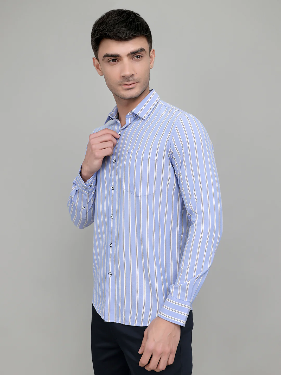 Men Blue Stripe Collar Full Sleeve Shirt - Image 2