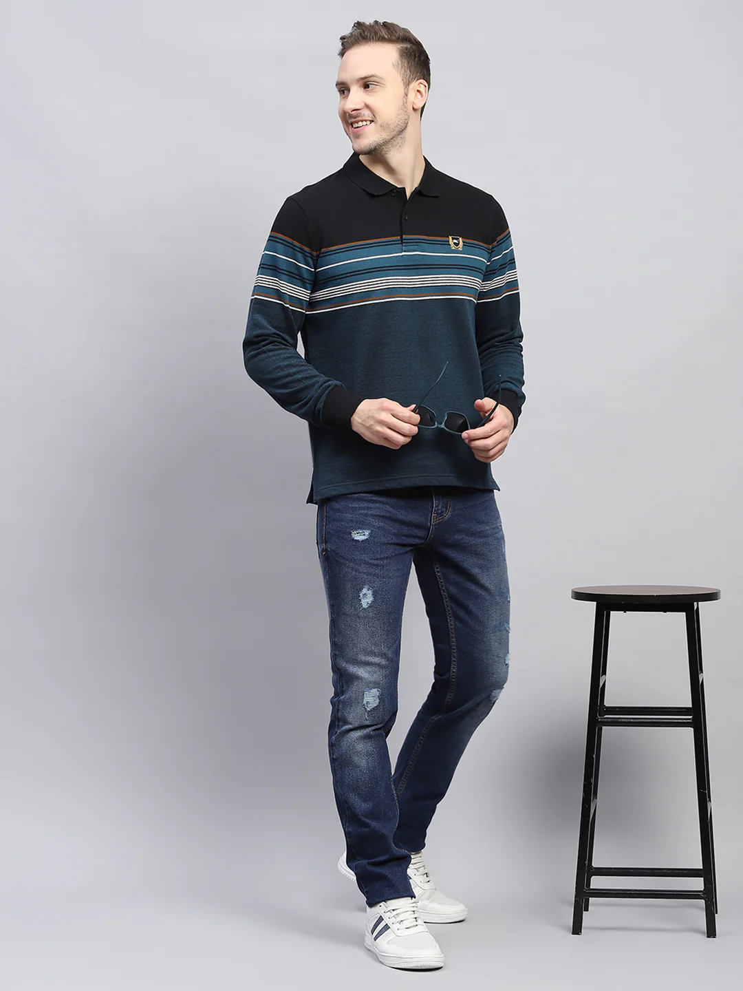 Men Blue Stripe Collar Full Sleeve Winter T-Shirt - Image 2