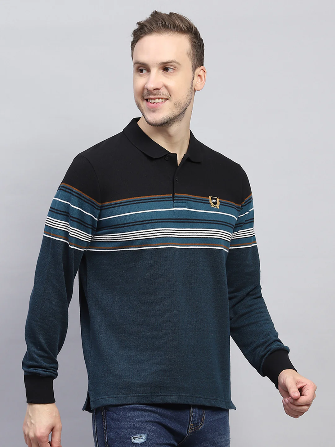 Men Blue Stripe Collar Full Sleeve Winter T-Shirt - Image 4