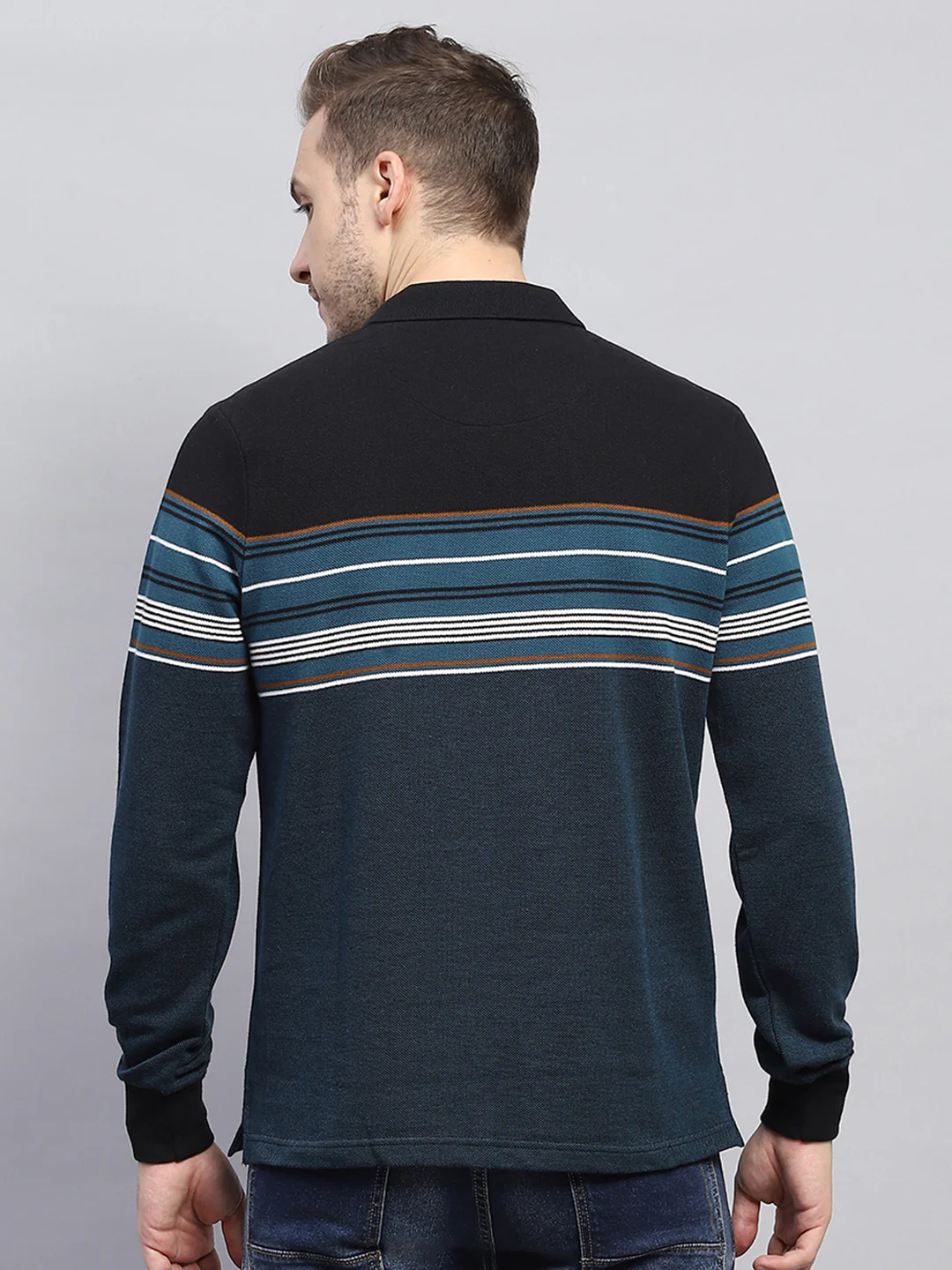 Men Blue Stripe Collar Full Sleeve Winter T-Shirt - Image 5